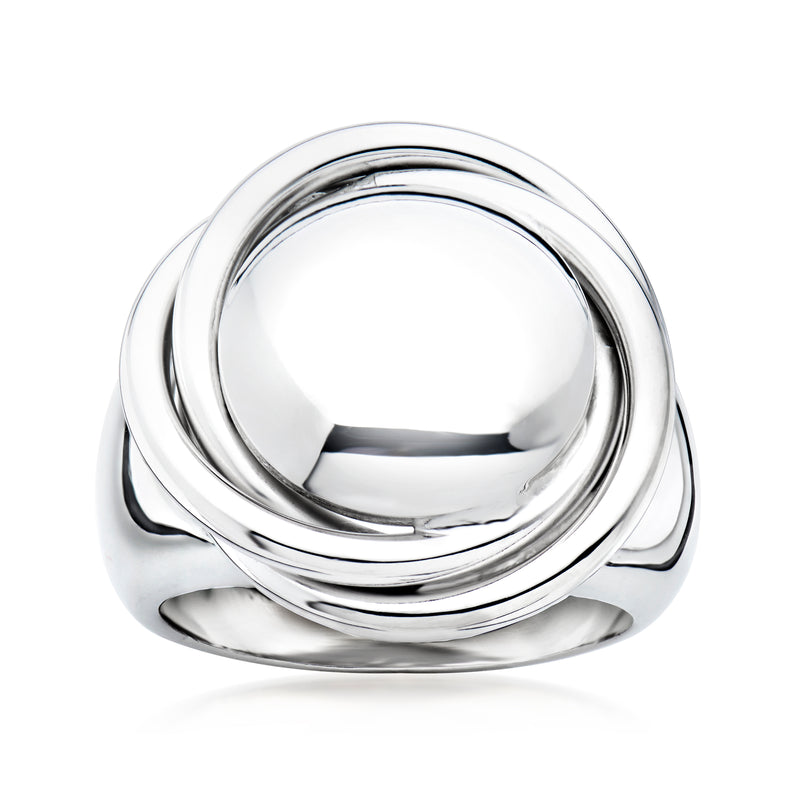 Sterling silver knot bead ring with stacked circular bands, high-polish finish
