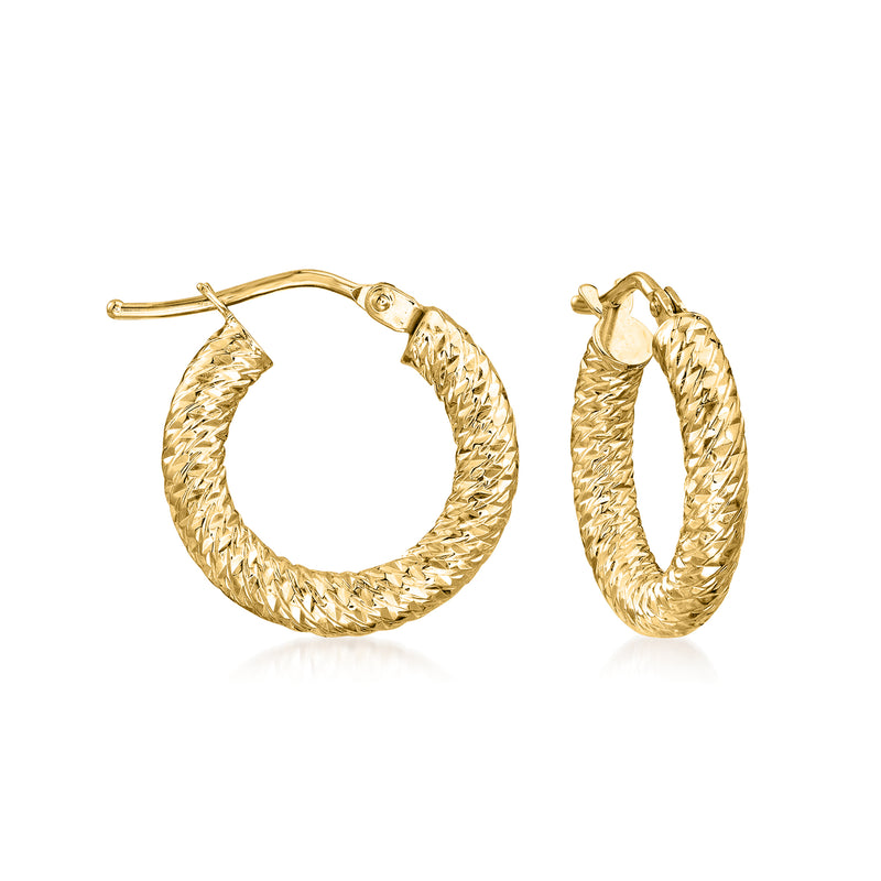 Diamond-cut 14kt yellow gold hoop earrings, textured rope-style finish
