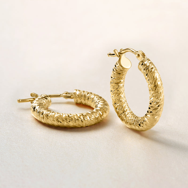 Textured 14kt yellow gold hoop earrings with hinged clasp