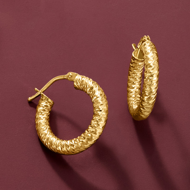 Textured 14kt yellow gold hoop earrings, open clasp and back view