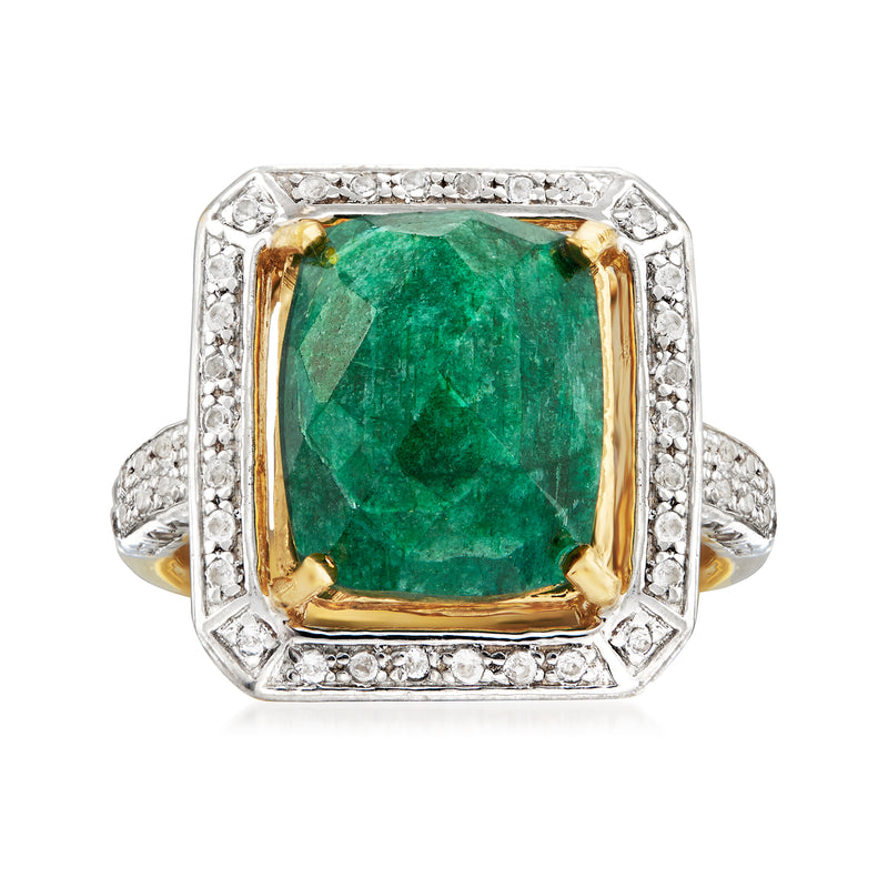 Emerald-cut green gemstone ring with gold bezel and white stone halo, 14kt gold over sterling