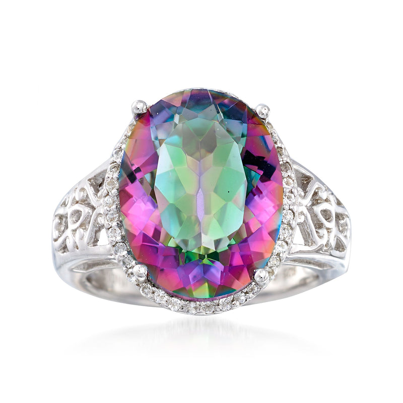 Sterling silver ring with multicolored oval quartz center and white stone halo