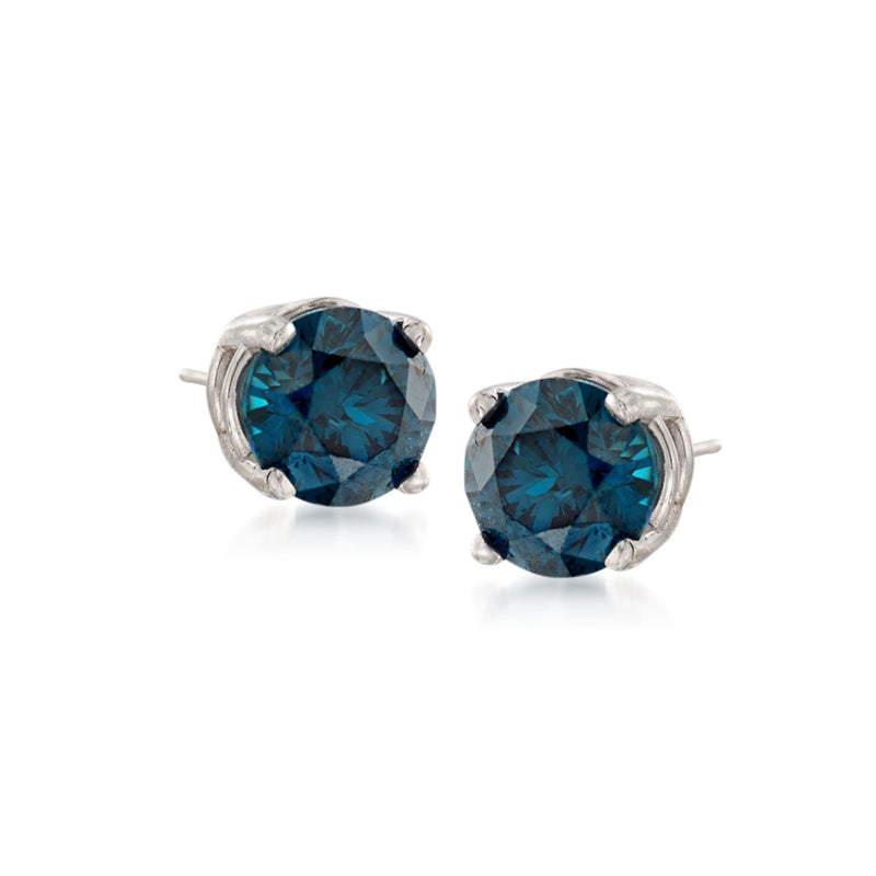 Blue diamond stud earrings in 14kt white gold, round faceted blue stones