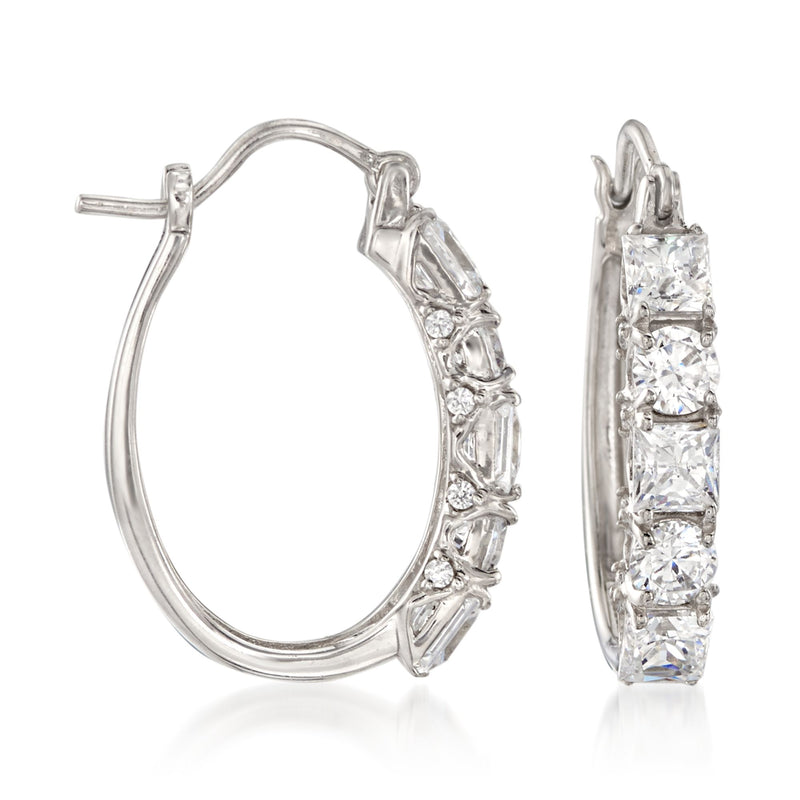 Sterling silver hoop earrings with princess-cut and round CZ stones, hinged row