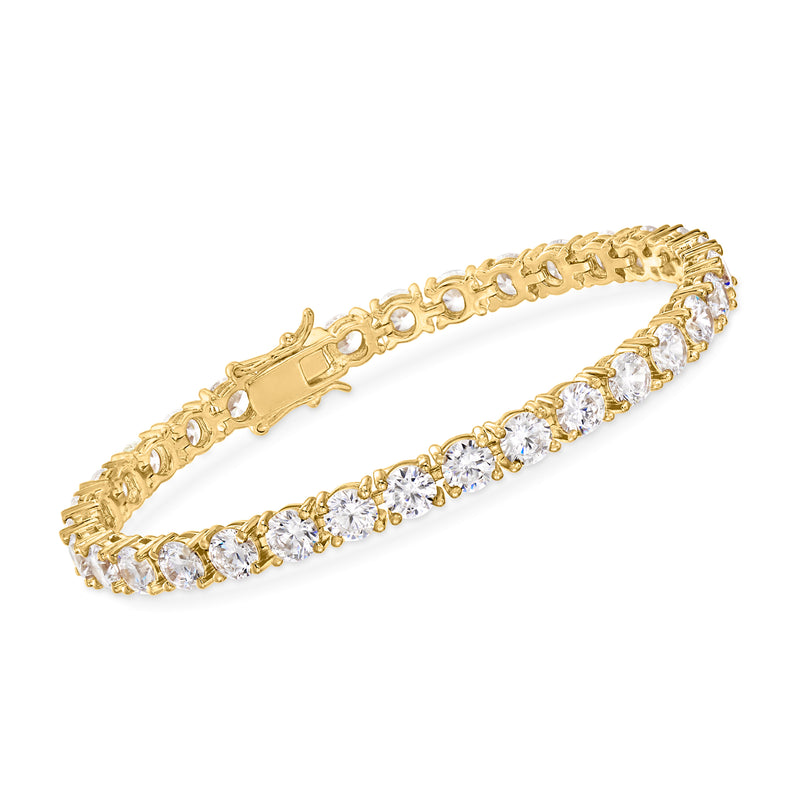 18kt gold over sterling tennis bracelet with round CZ stones in a line, hinged clasp