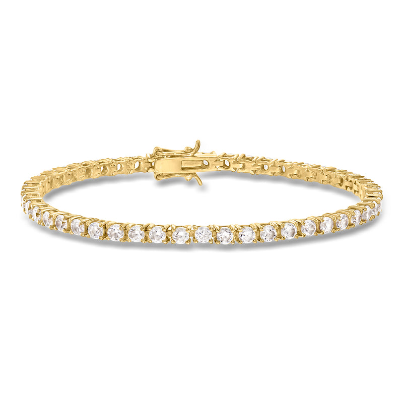 18kt gold over sterling CZ tennis bracelet with clear round stones, hinged clasp