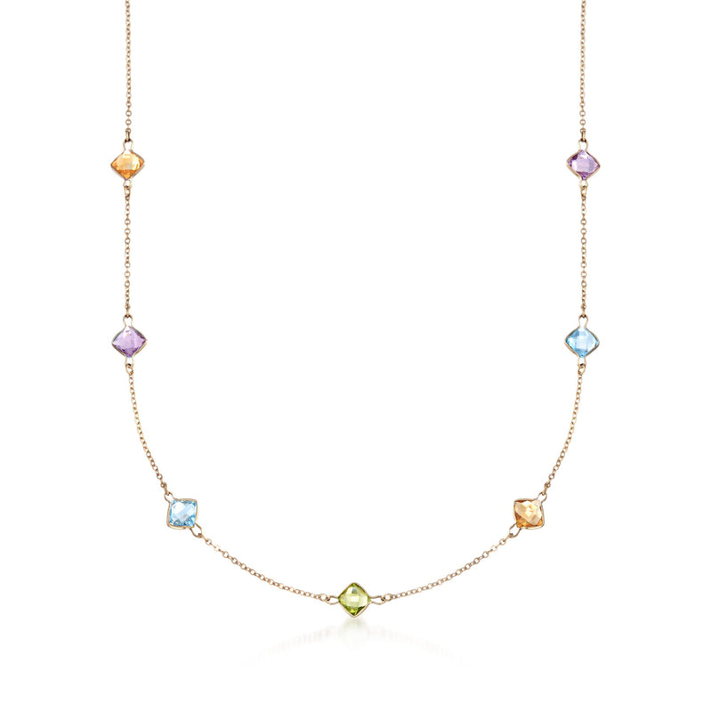 14kt yellow gold multi-stone station necklace with colorful faceted gemstones
