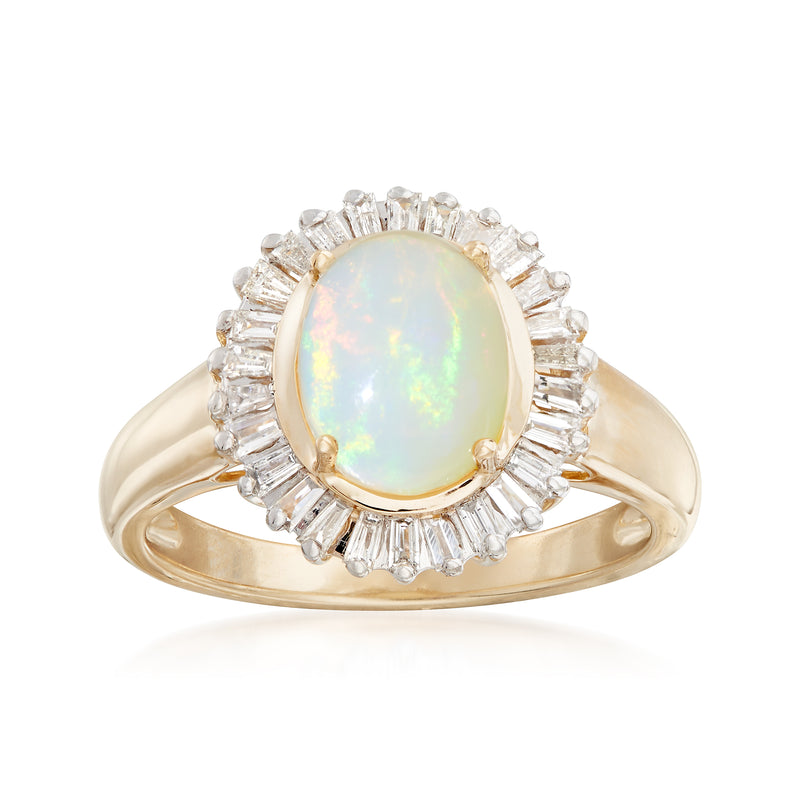 14kt yellow gold ring with oval Ethiopian opal center and diamond halo