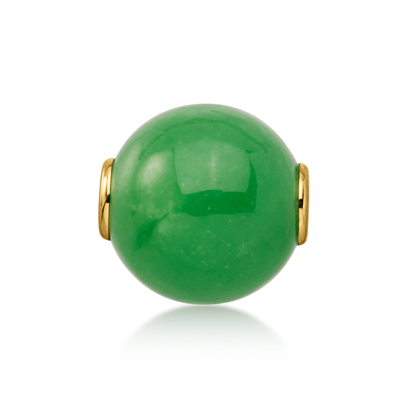 Round green jade bead pendant in 14kt yellow gold with side loops.