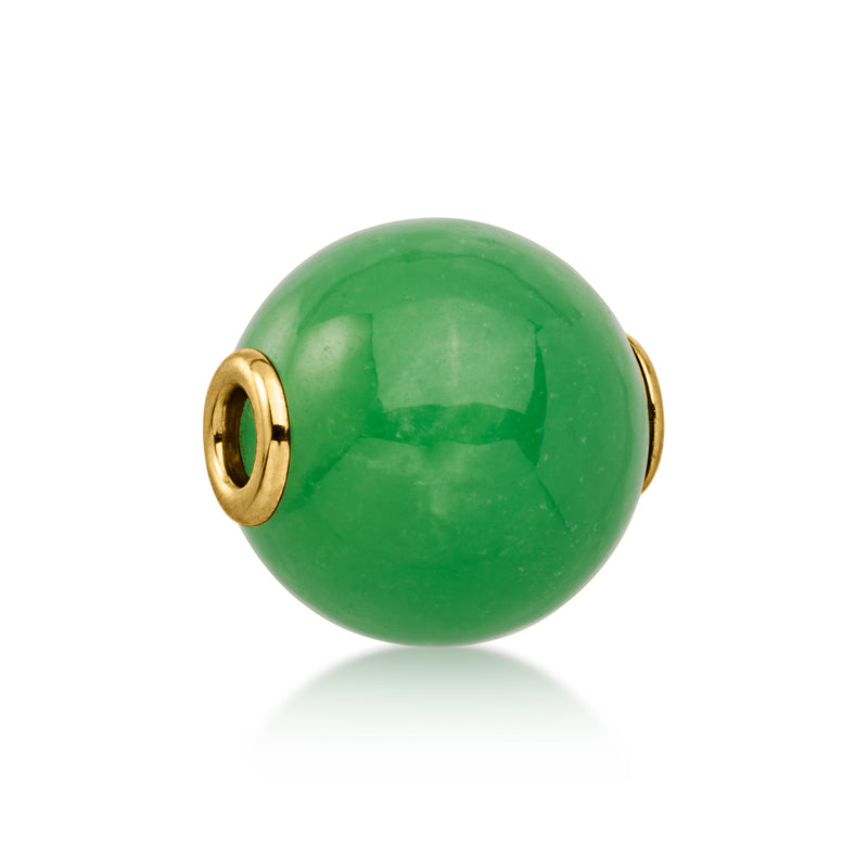 Round green jade bead pendant with 14kt yellow gold side loops.
