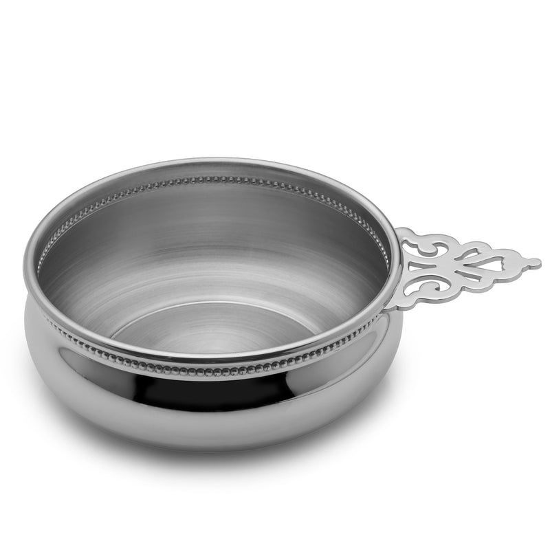 Pewter beaded porringer for children with ornate handle
