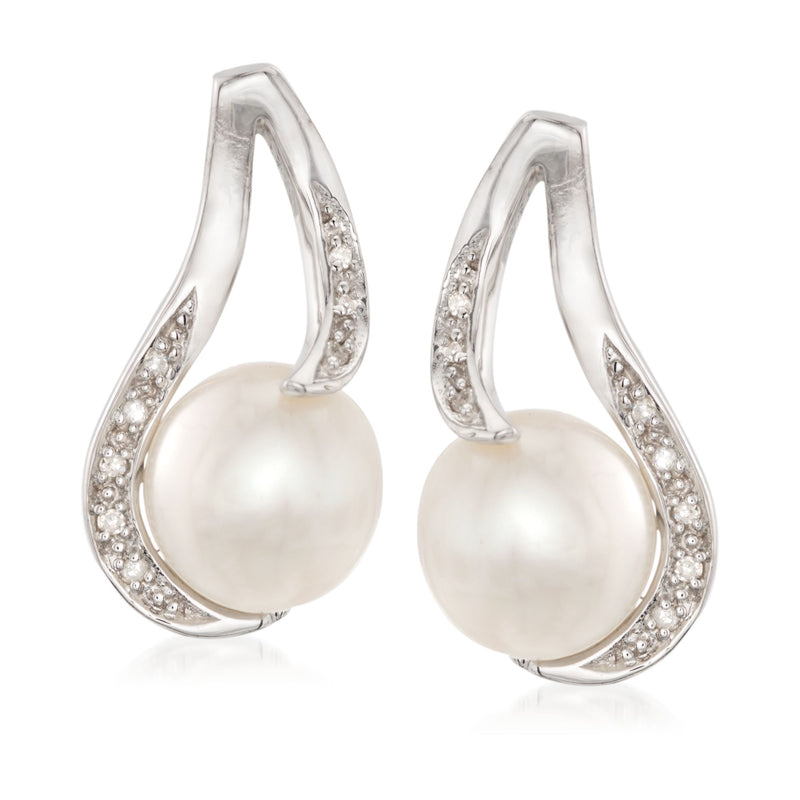 Sterling silver drop earrings with cultured pearls and diamonds