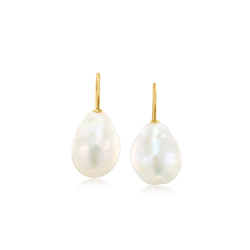 Cultured baroque pearl drop earrings in 14kt yellow gold, oval white pearls