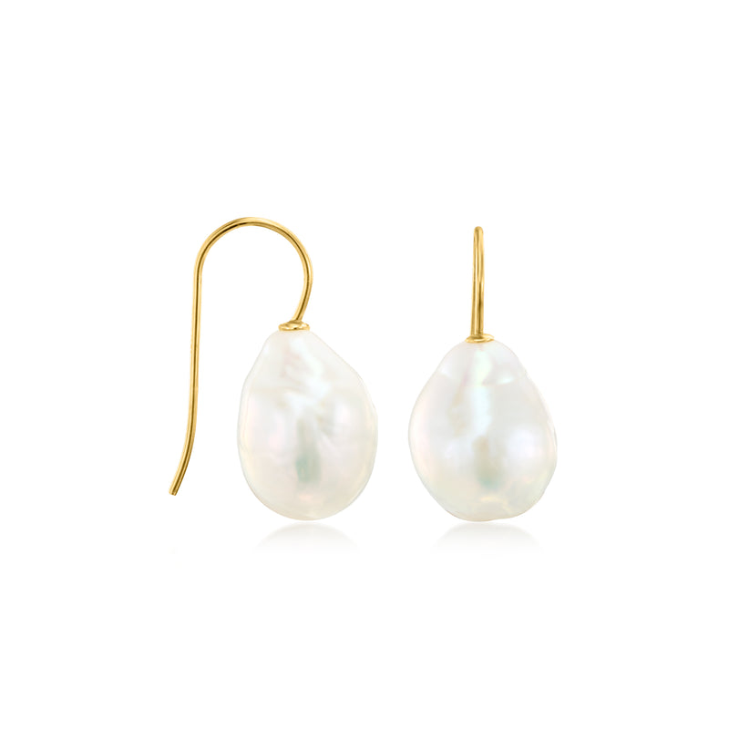 14kt yellow gold earwire earrings with white baroque pearl drops