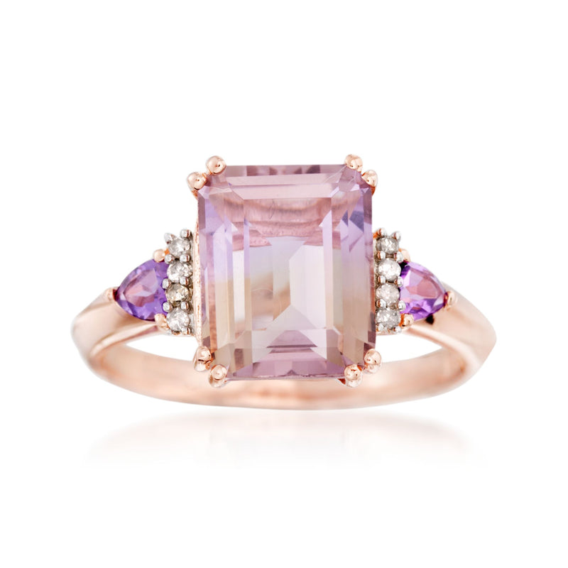 Rose gold over sterling ring with rectangular lavender gemstone and diamond side stones