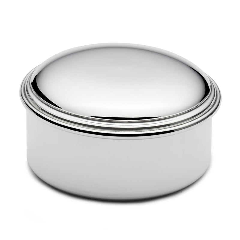 Round pewter jewelry box with domed lid and polished metal rim