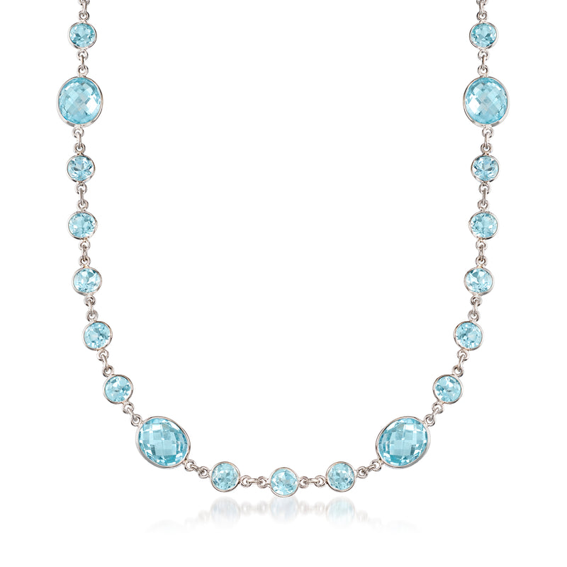 Sterling silver sky blue topaz necklace with bezel-set round stones, linked chain