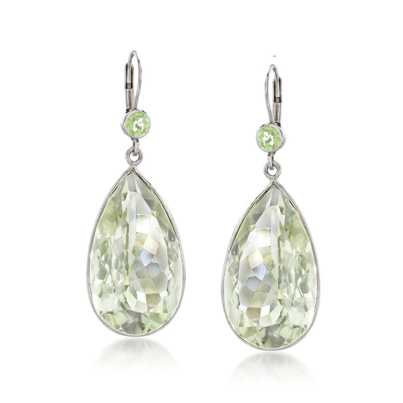 Sterling silver leverback drop earrings with green round and teardrop gemstones