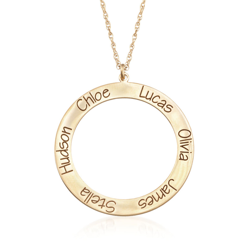 14kt yellow gold circle pendant necklace with engraved multi-name ring; cable chain