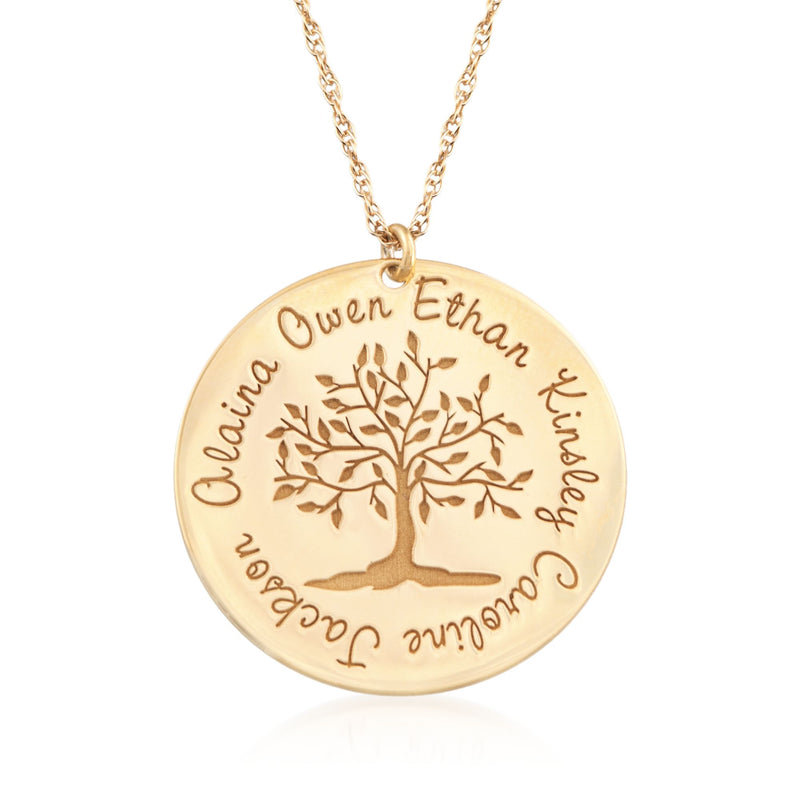 14kt yellow gold round family tree pendant necklace with engraved names and lettering