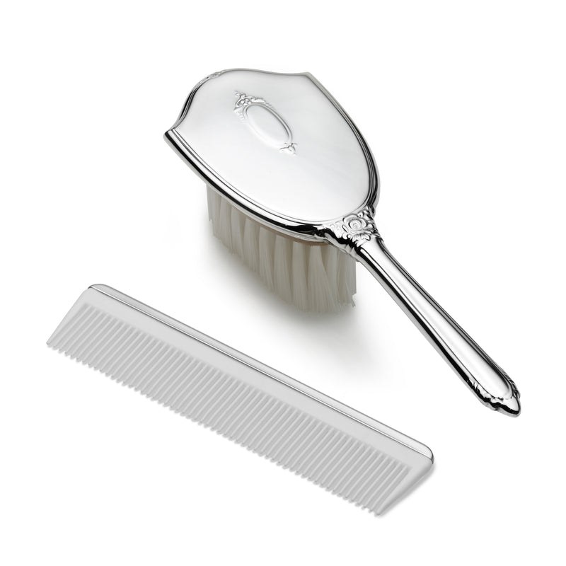 Empire sterling silver kids’ shield brush and long-tooth comb set