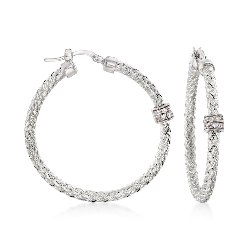 Sterling silver twisted hoop earrings with square CZ accents