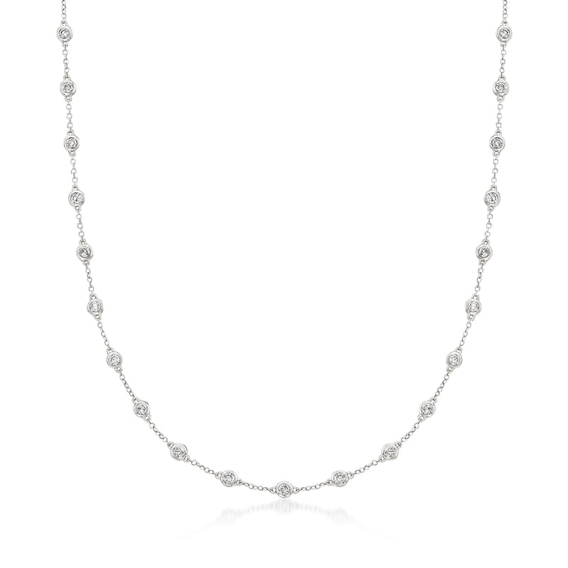 14kt white gold diamond station necklace with bezel-set round stones, linked rows