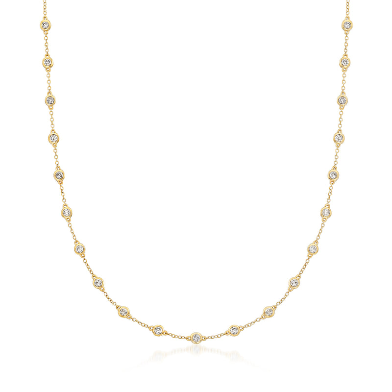 14kt yellow gold diamond station necklace with bezel-set round diamonds, full length