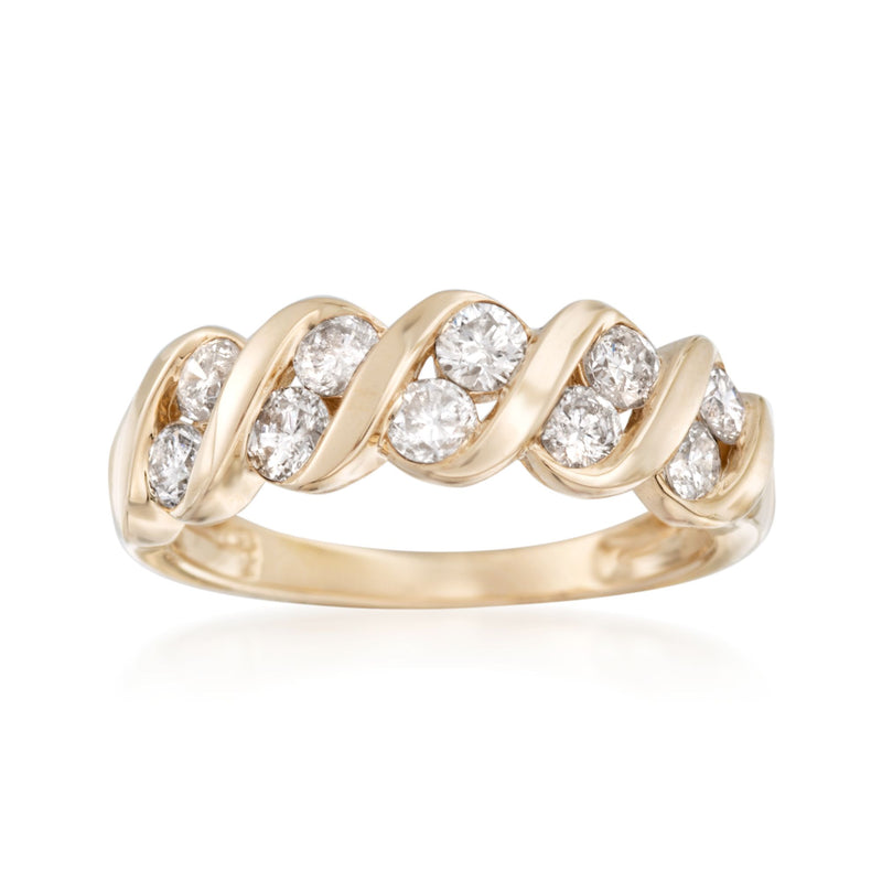 14kt yellow gold diamond swirl ring with five oval pave stones, polished band