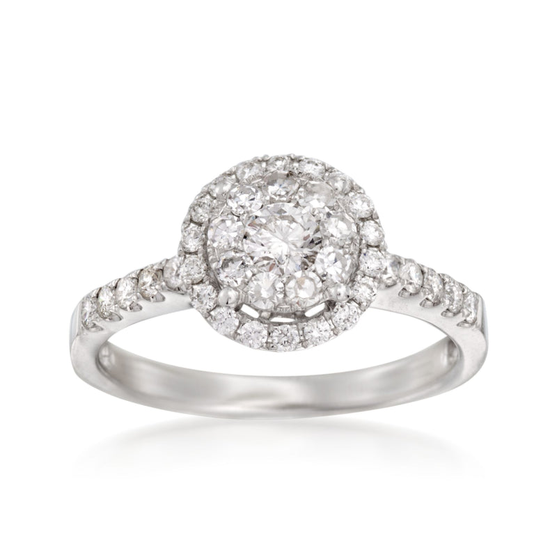 14kt white gold diamond halo ring with round center stone and small side diamonds