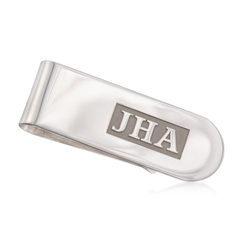 Sterling silver money clip with raised JHA initials, bar-style frame
