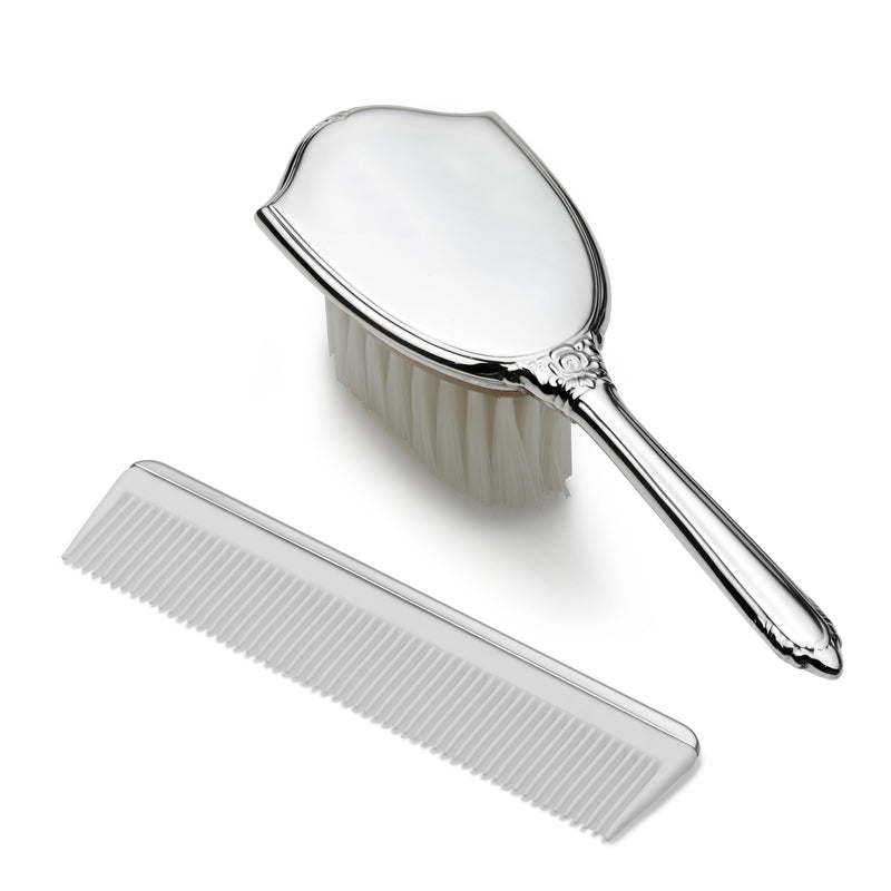Sterling silver child brush and comb set, scalloped handle with embossed floral detail