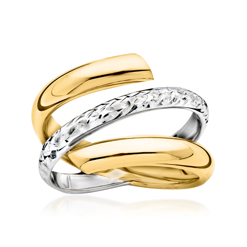 Two-tone spiral gold ring with polished gold and silver bands, overlapping design