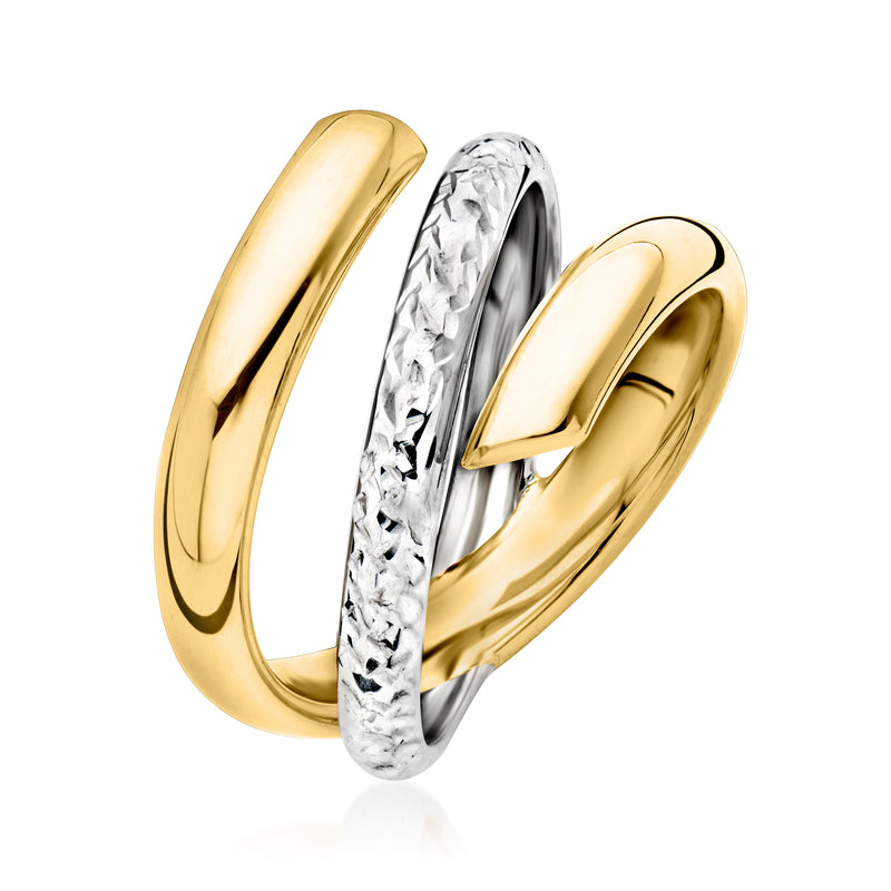 Two-tone spiral ring with gold outer band and textured silver inlay, side view