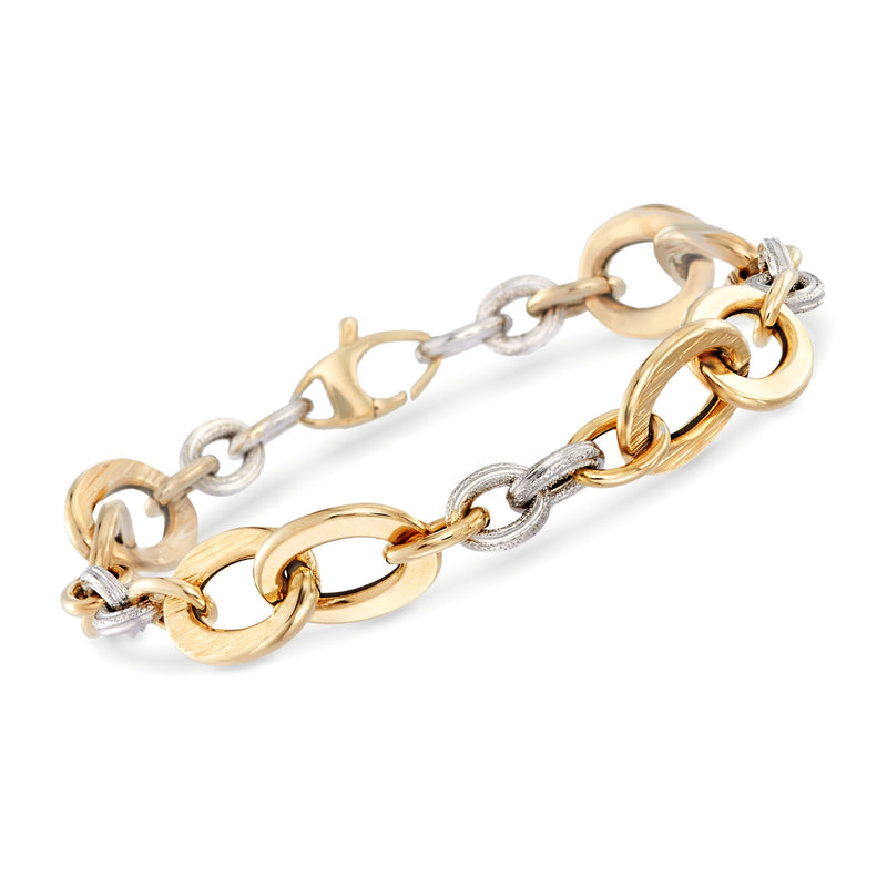Italian 14kt two-tone gold link bracelet with interlocking oval and small clear accents