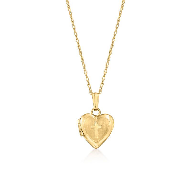 14kt yellow gold heart locket necklace with cross charm, small bail and chain