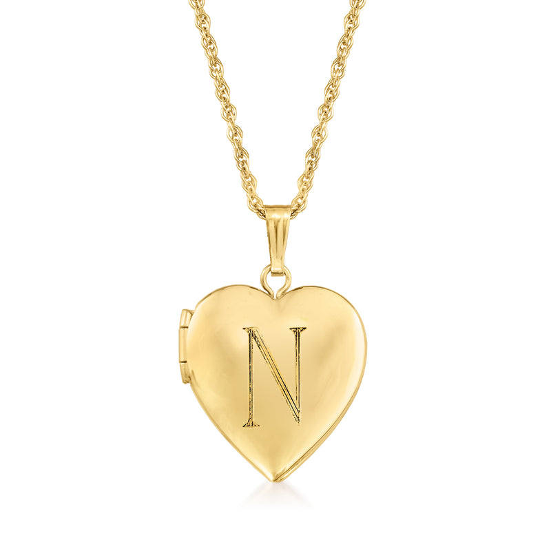 14kt yellow gold heart locket necklace with engraved letter N