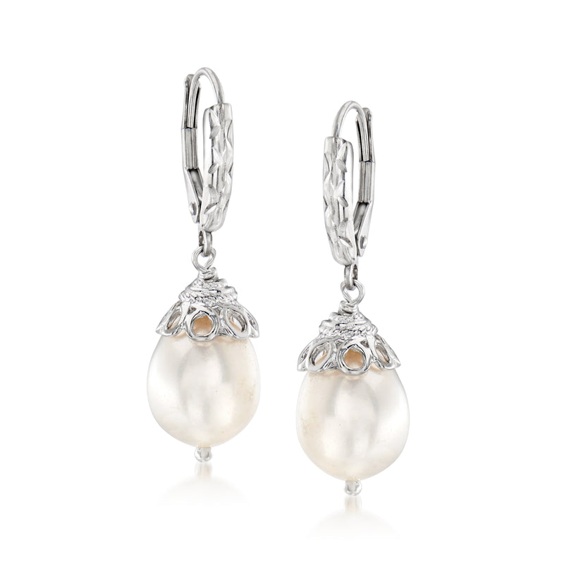 Sterling silver cultured pearl drop leverback earrings with textured caps