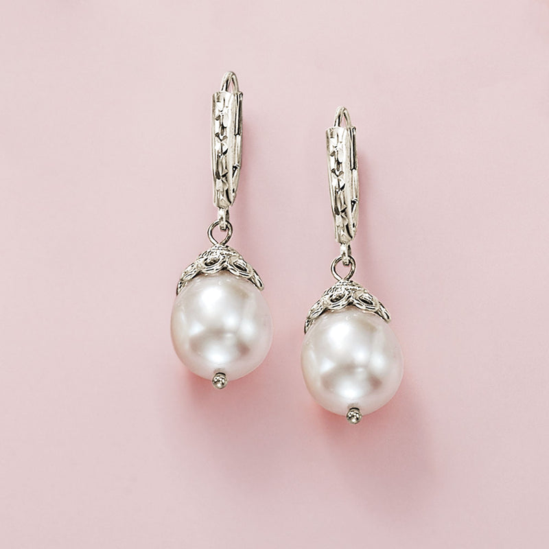 Sterling silver pearl drop leverback earrings, textured metal and large white pearls