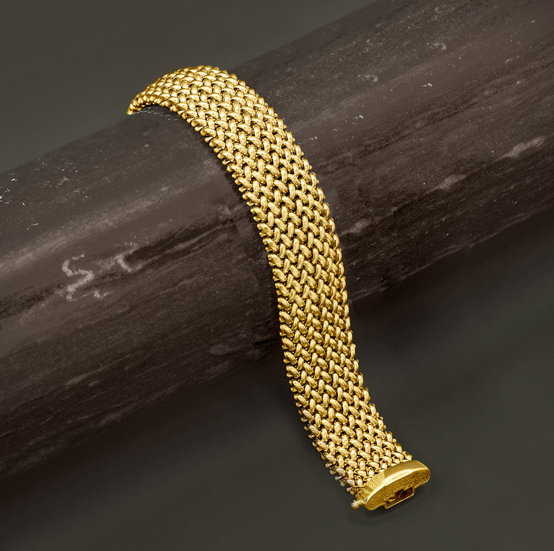 Yellow gold wide mesh link bracelet with end cap and open box clasp