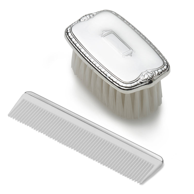 Sterling silver baby brush and comb set with shield case, silver bristles and teeth