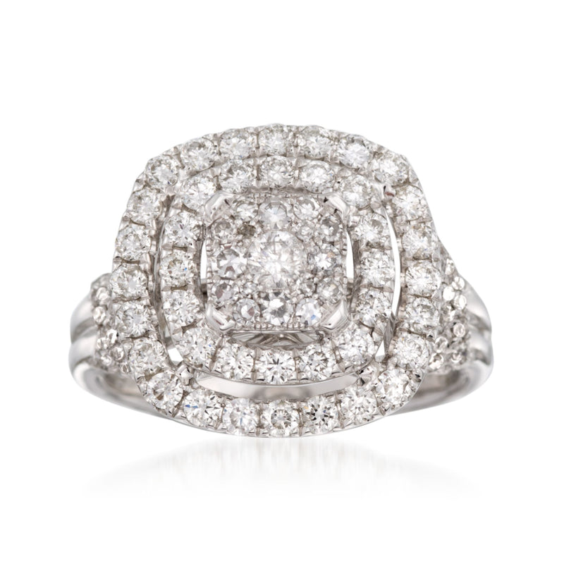 Diamond double halo ring in 14kt white gold with a square center setting
