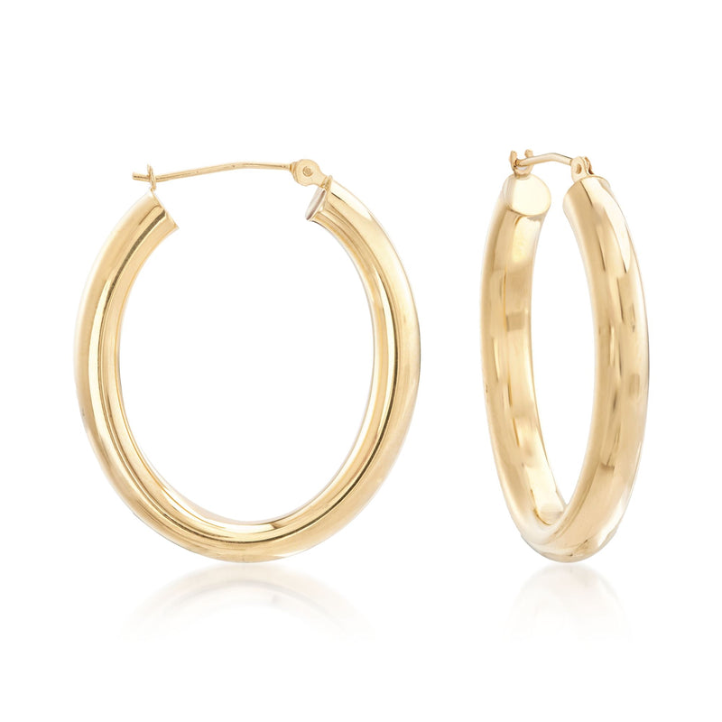 14kt yellow gold hoop earrings, polished oval hoops with hinge clasp