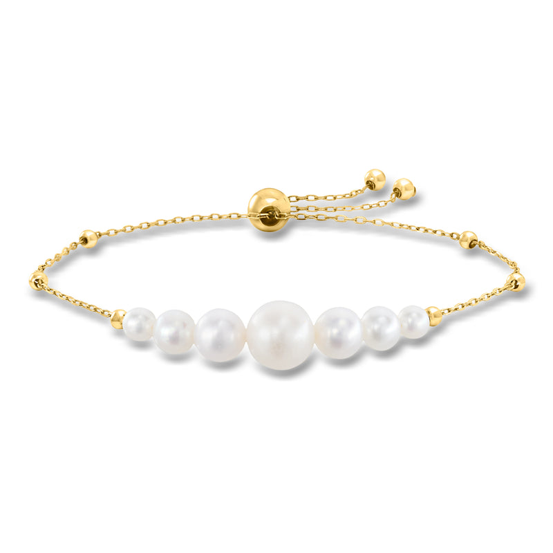 Cultured pearl bolo bracelet in 14kt yellow gold with white round pearls
