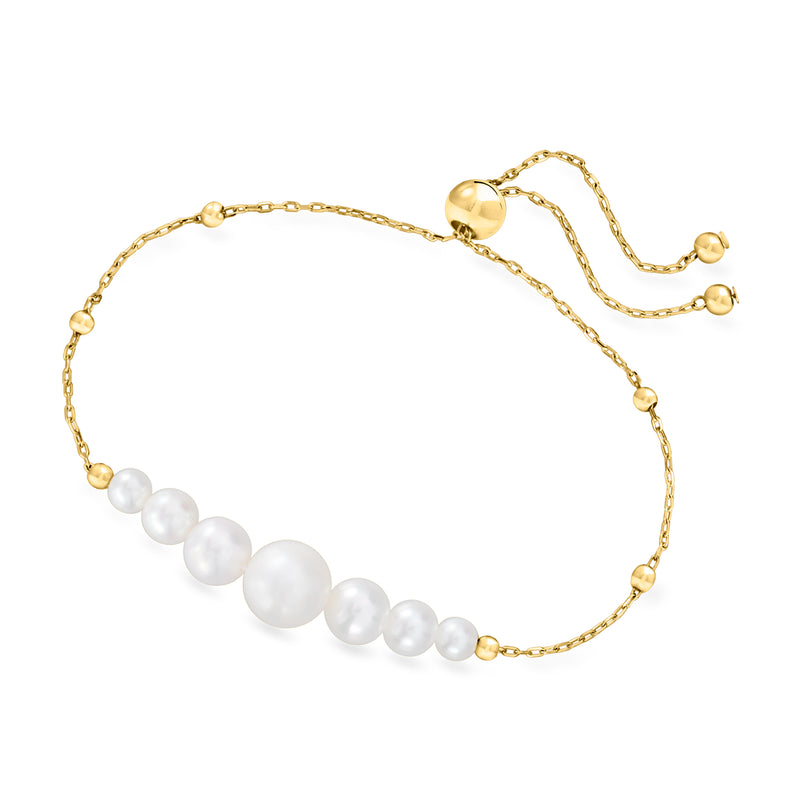 Cultured pearl bolo bracelet in 14kt yellow gold with adjustable slider and white pearls