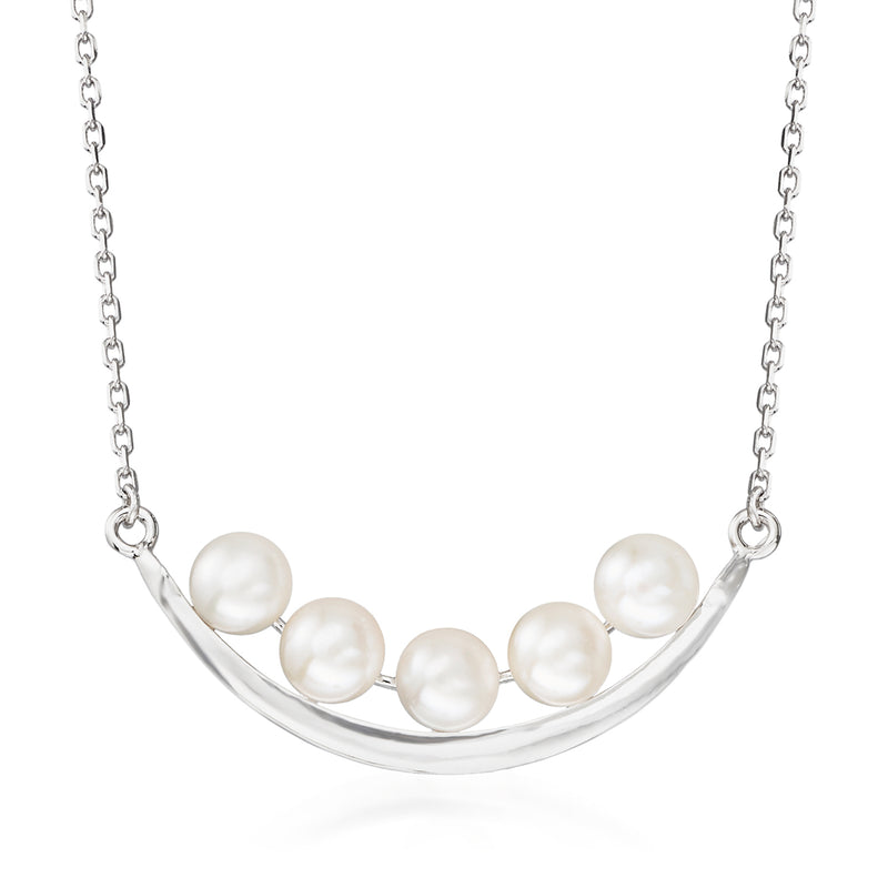 Sterling silver curved bar necklace with five white cultured pearls