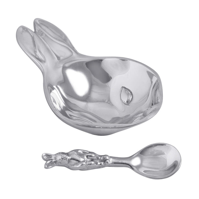 Bunny porringer and spoon set, shiny silver-toned metal with bunny handles