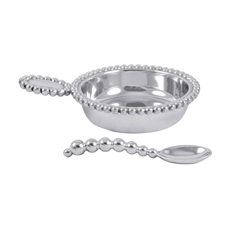 Mariposa baby porringer and spoon, polished silver with beaded rim and handle