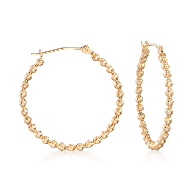14kt yellow gold beaded hoop earrings with textured bead hoops