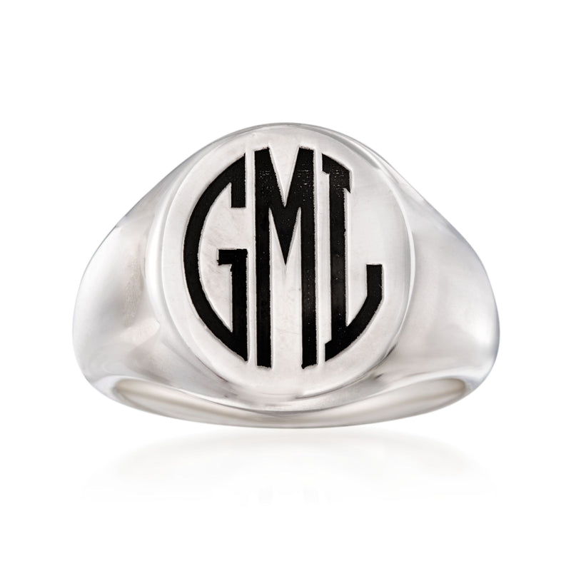 Sterling silver signet ring with oval face and black monogram GM